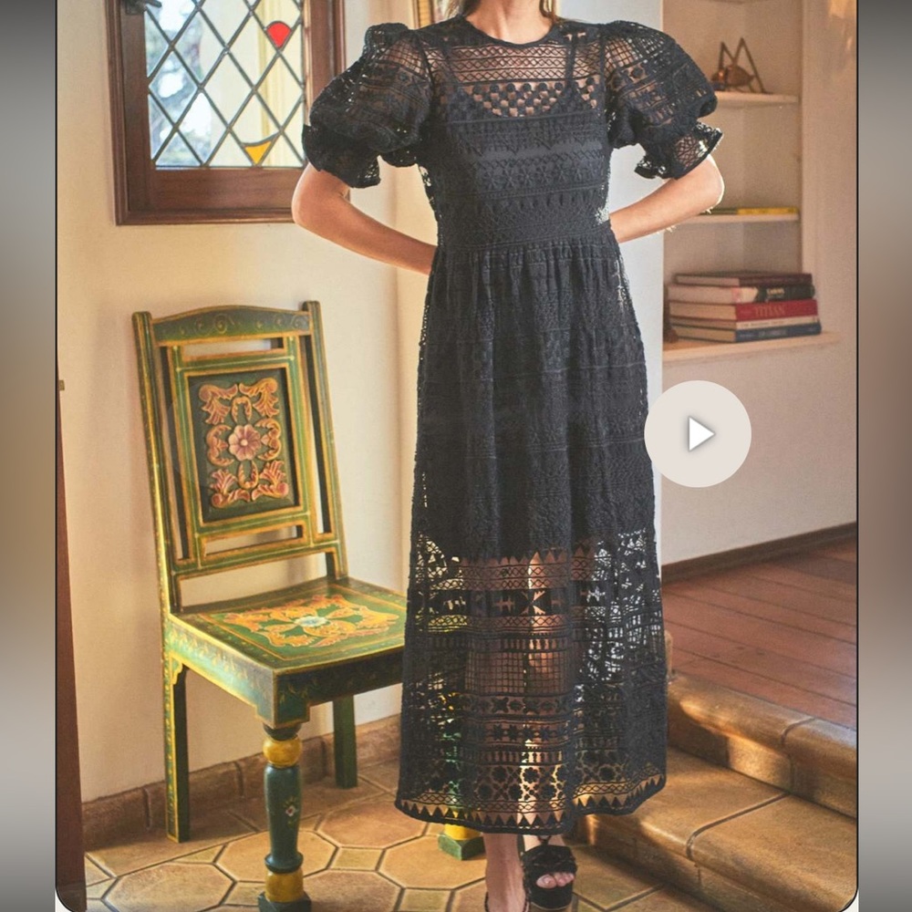 Black Sheer Puff Sleeve Midi Bohemian Dress